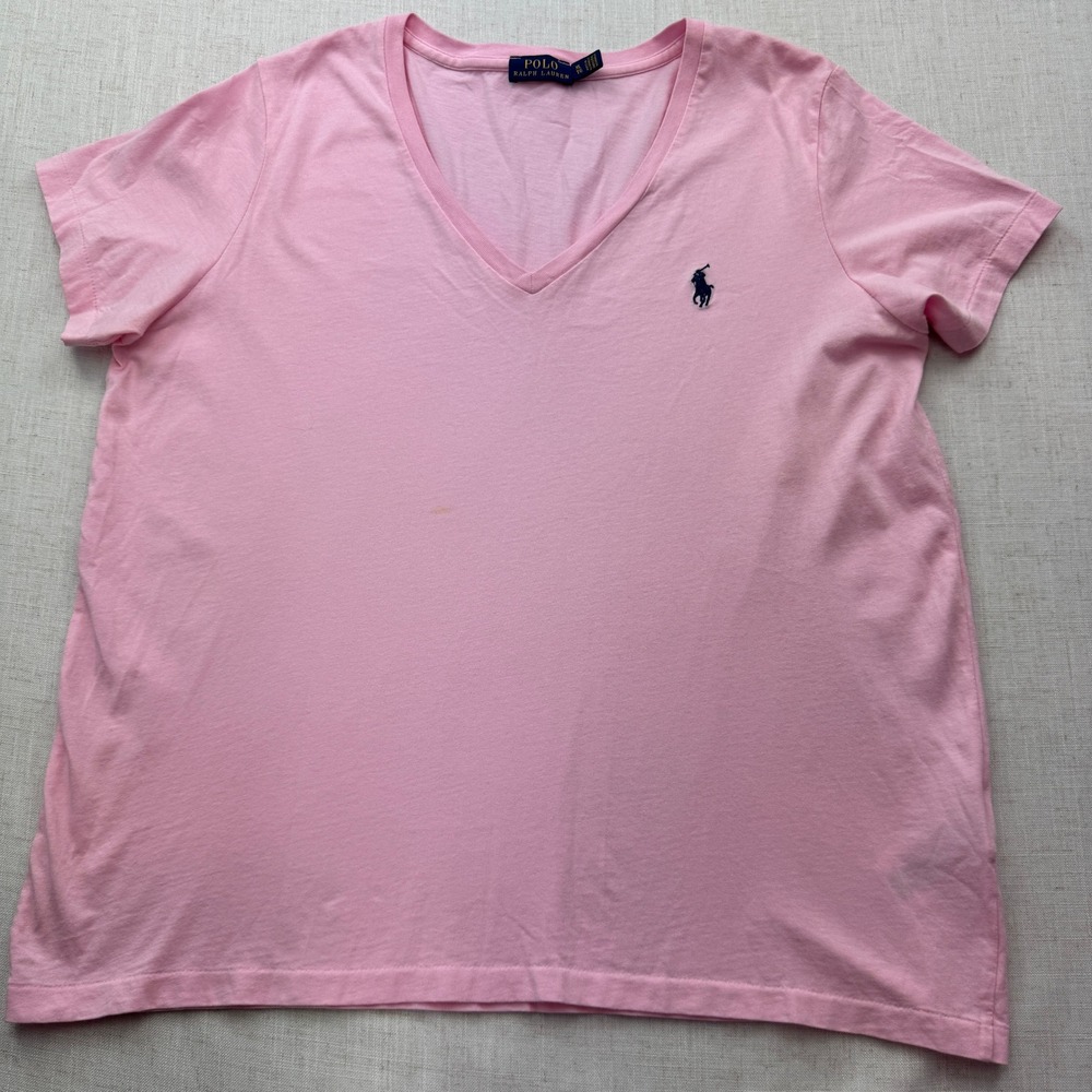 Polo Ralph Lauren V-Neck T-Shirt Women XL Pink Cotton Pony Logo Preppy Classic
